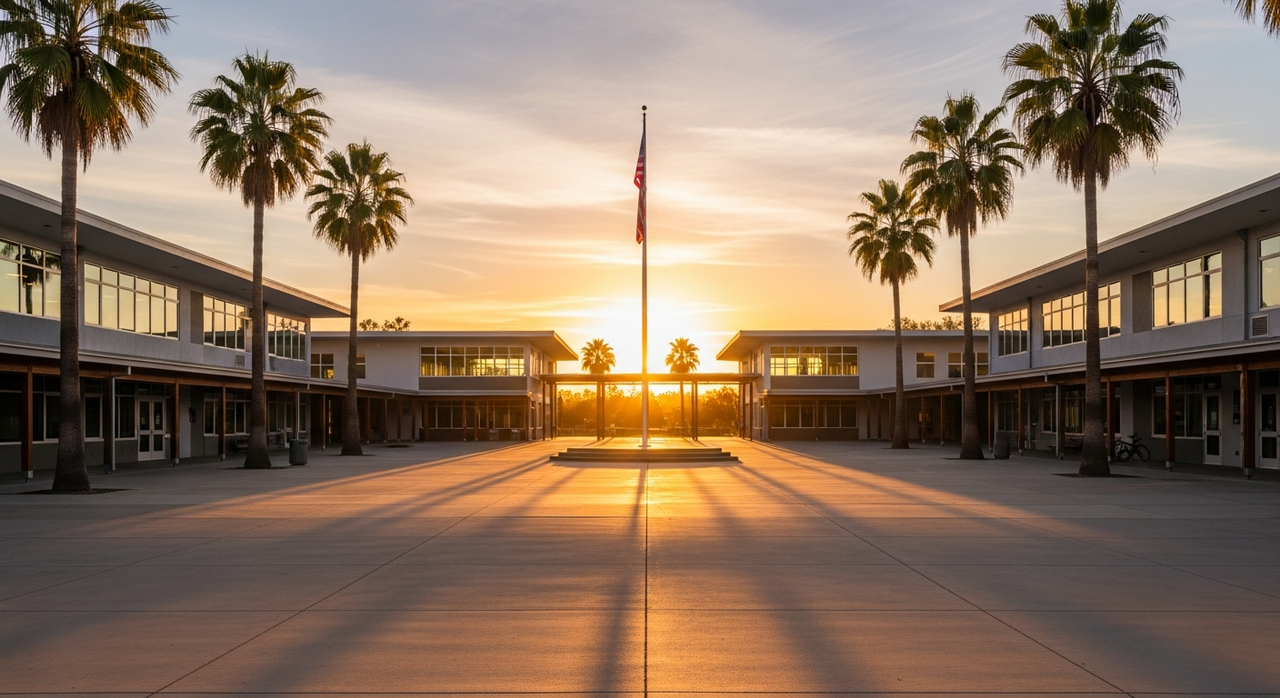 Sunrise over a school campus