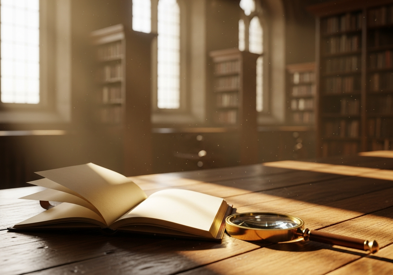 Warm light through library windows onto an open notebook