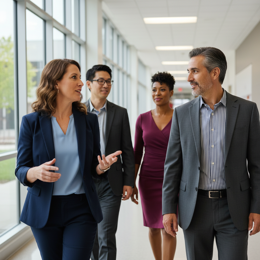 District administrators walking and talking together in a school corridor