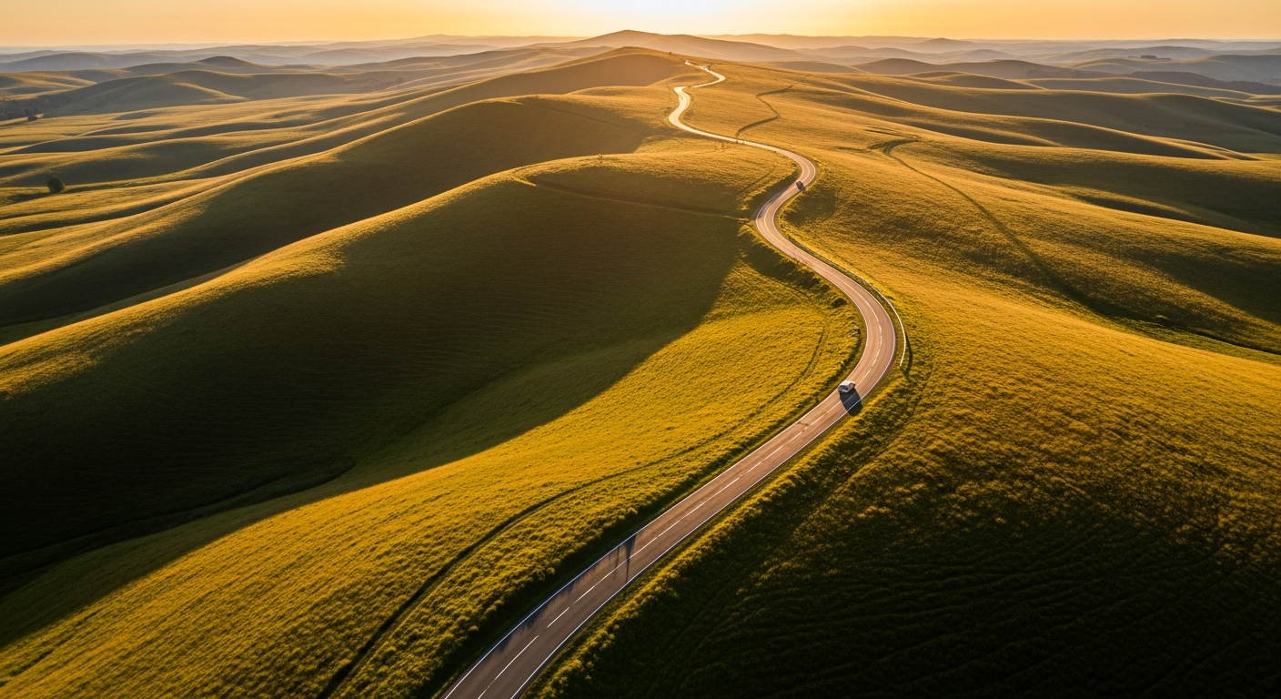 An aerial view of a winding road at golden hour